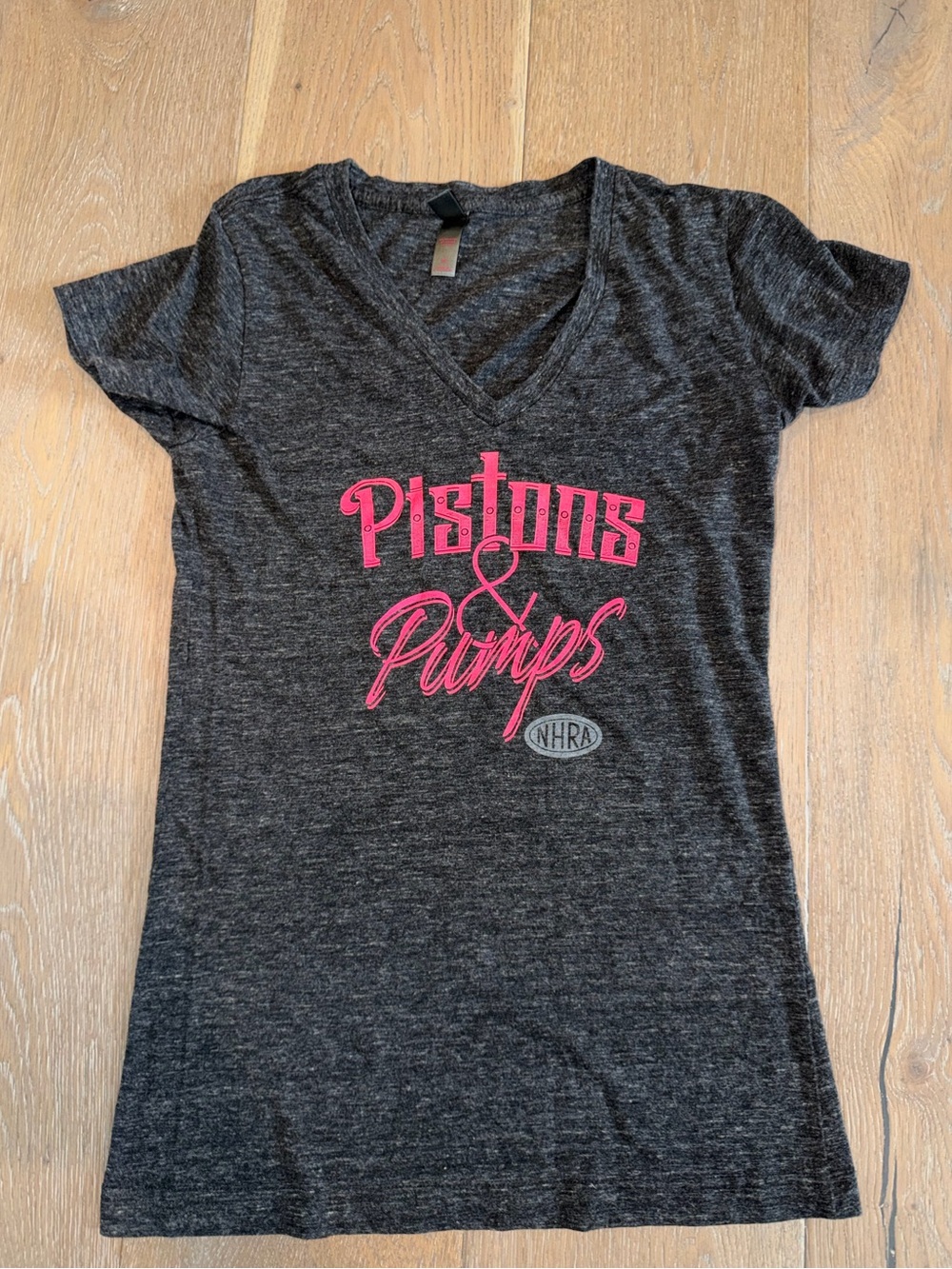 Pistons & Pinups Women's NHRA Black V-Neck Tee - Pink Logo size medium